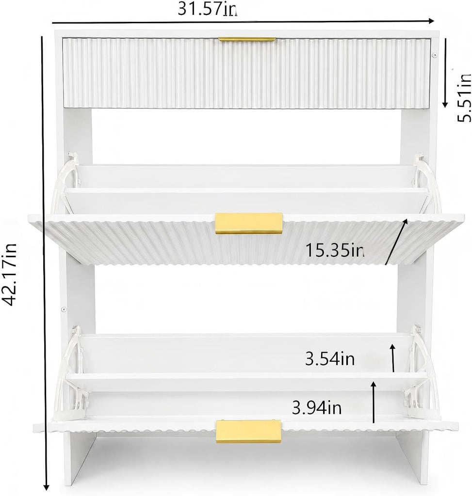 Narrow Fluted Shoe Storage Organizer with Drawer,Gold Handles, Walnut | Shoe Storage Cabinet , Freestanding Drawer