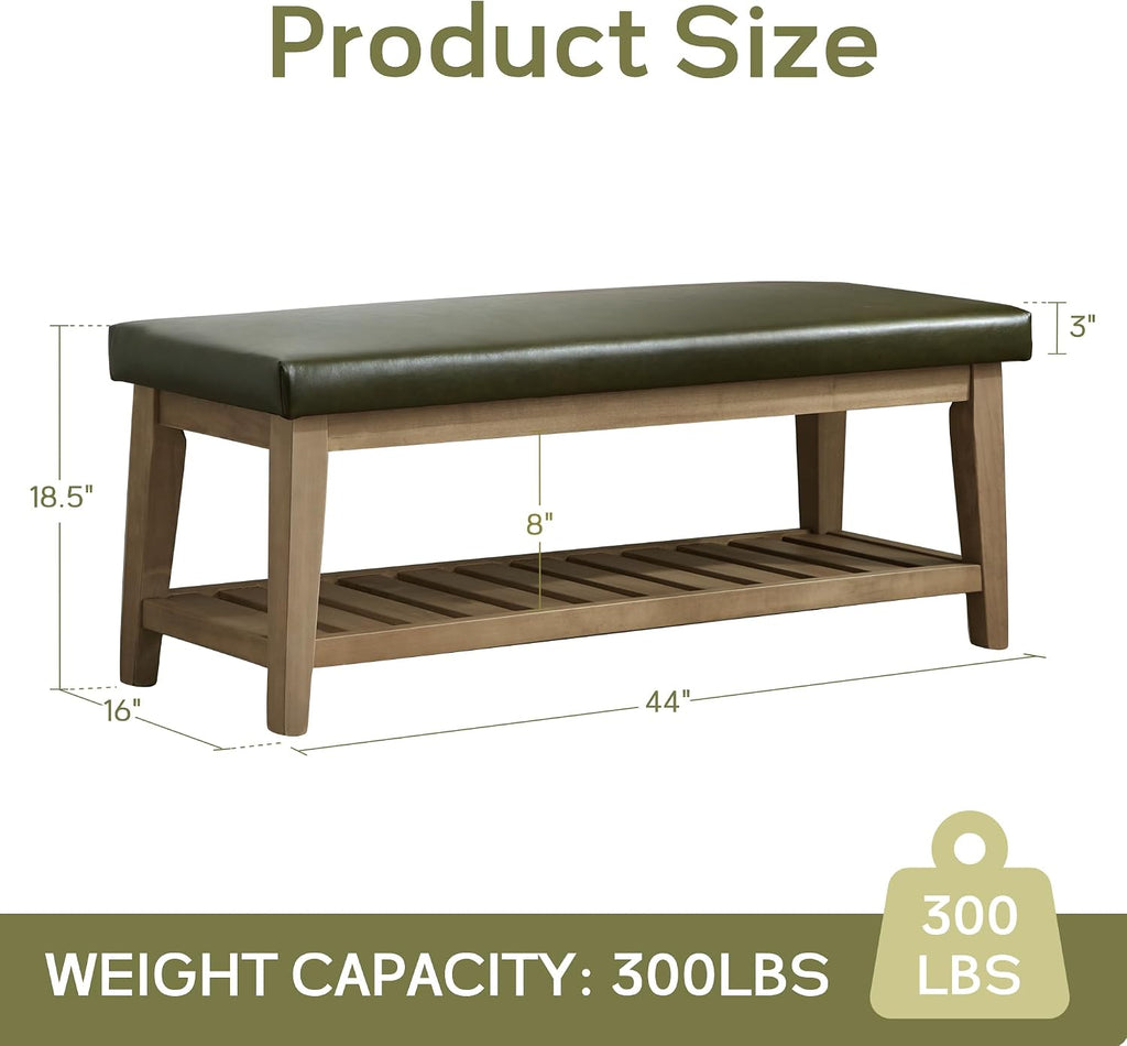 Entryway Shoe Bench with Cushion, End of Bed Bench,Upholstered Bench , Bench with Solid Wood Shelf, Leather Ottoman