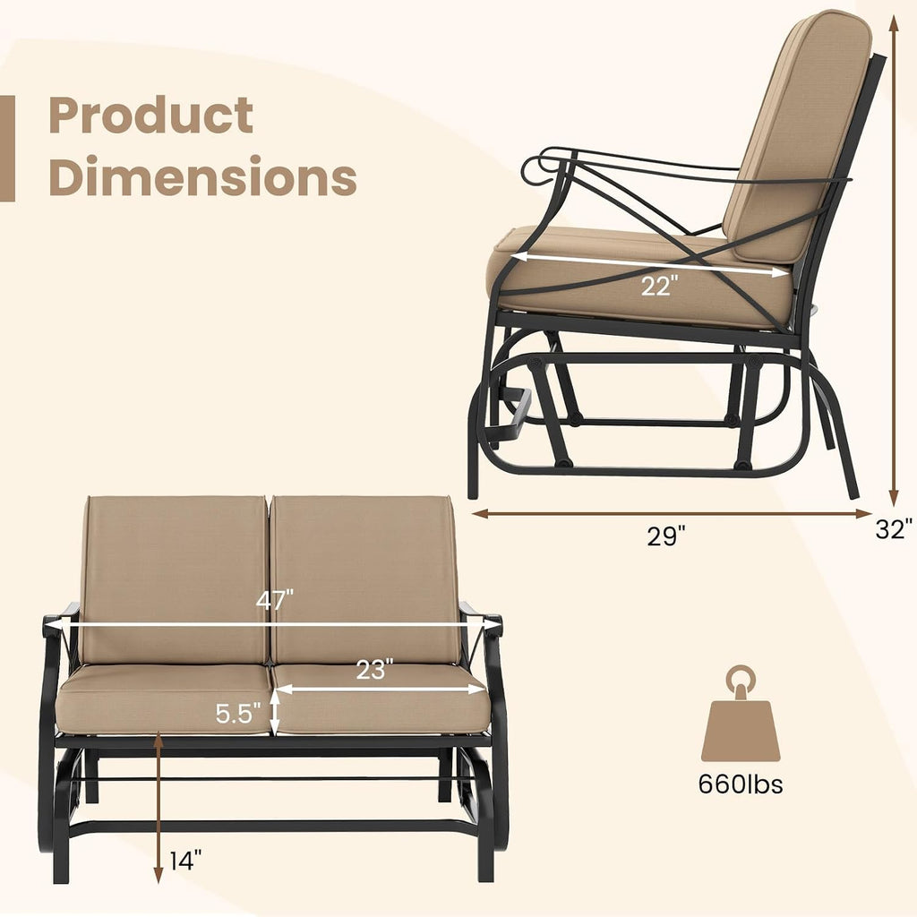 Patio Glider Bench, 2-Person Swing Gliding Loveseat with Breathable Fabric Seat & Soft Cushions, 660 LBS Metal Frame