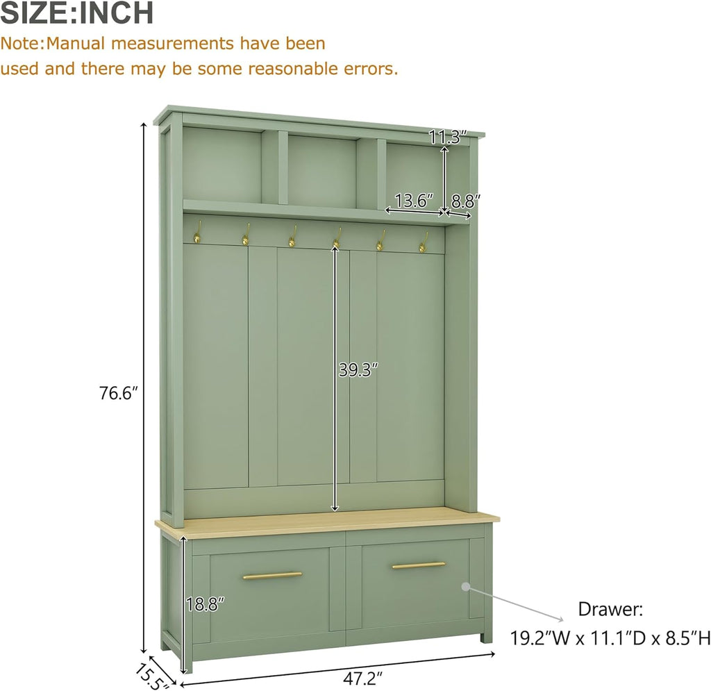 Versatile 4-in-1 Hall Tree with 6 Golden Hooks, Wood Grain Bench with Multiple Storage Space, Entryway Coat Rack with