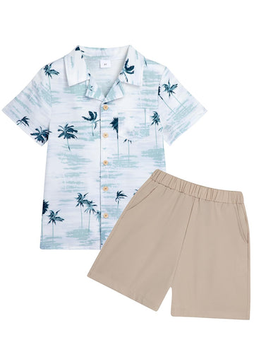Toddler Baby Boy Outfits Summer Clothes Kids Coconut Trees Pattern Short Sleeve Button Down Shirt & Elastic Waist