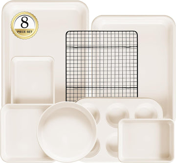 Pans Set Stackable Carbon Steel Bakeware Set | 8 Pcs Non Stick Set with Cookie Sheet, Roasting Pan, Cake Pan, Muffin