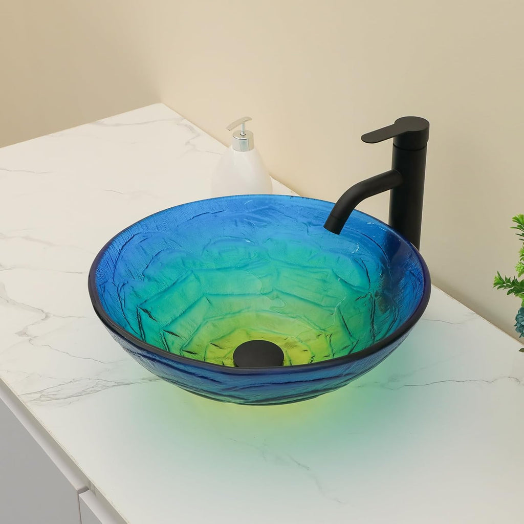 Kichae Round Glass Vessel Sink - 16" x 16" Tempered Glass Bathroom Vessel Sink for Bathroom Vanity