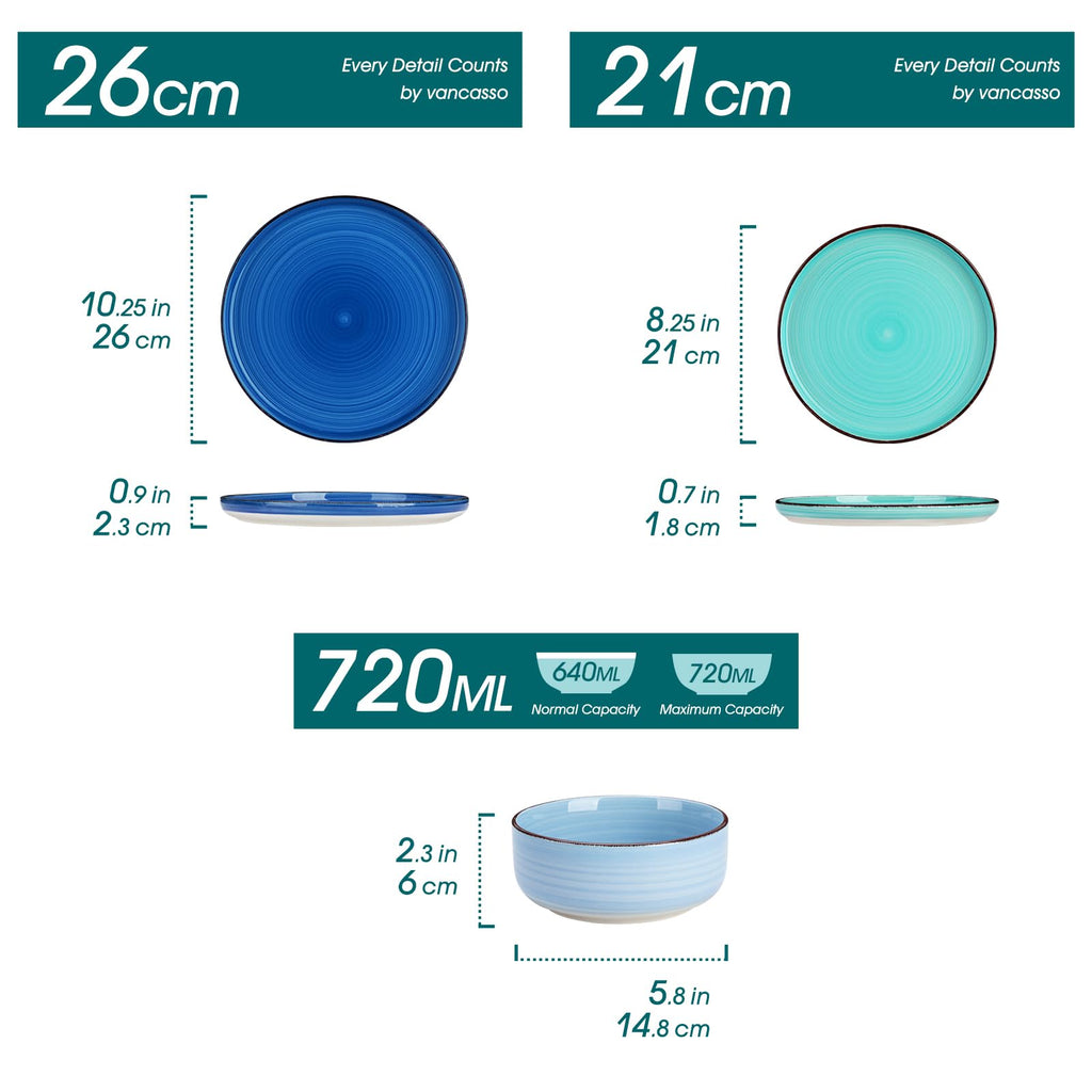 Bonita Dinnerware Sets 18 Pieces, Blue Stoneware Dishes Set for 6, Plates Set and Bowls Sets, Dishwasher and