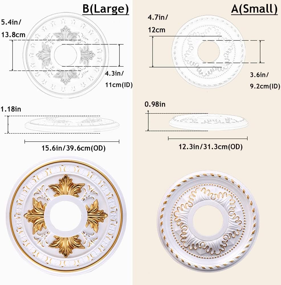 PU Decorative Ceiling Medallion for Light Fixtures and Ceiling Fans, Molded Plastic, Gold and White Finish, (B-15.6"OD