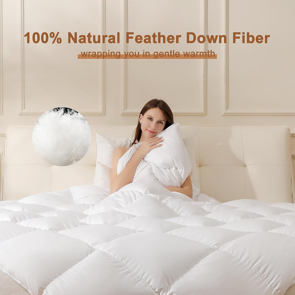 Feather Down Fiber Comforter King, Ultra Soft Fabric Duvet Insert, Luxurious Hotel Collection White 