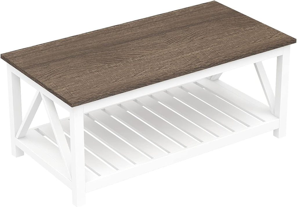Farmhouse Coffee Table, Rustic Vintage Living Room Table with Shelf, 40 White