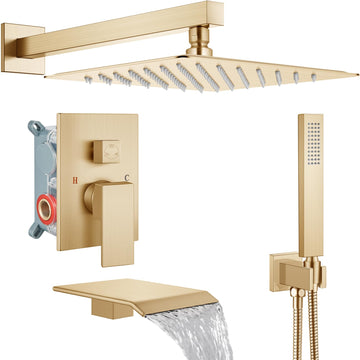 Rain Shower System with Tub Spout,10 Inch Brushed Gold