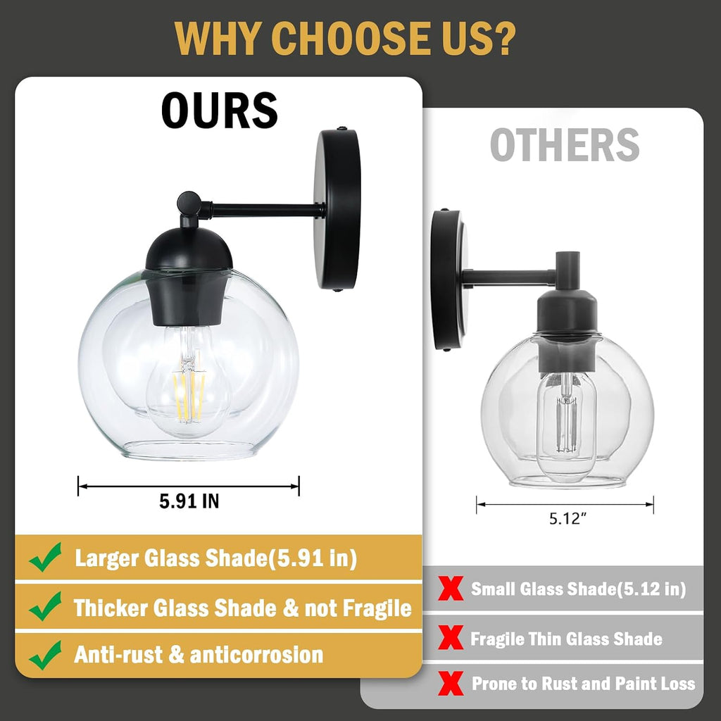 Black Bathroom Light Fixtures, 2 Light Bathroom Vanity Light with Globe Glass Shades, Modern Farmhouse Vanity Lights