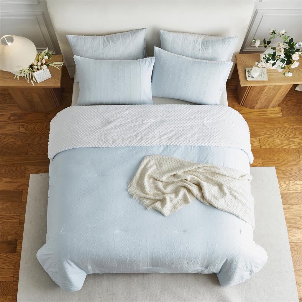 Blue Seersucker Comforter Striped Reversible Minky Dot Bedding Set