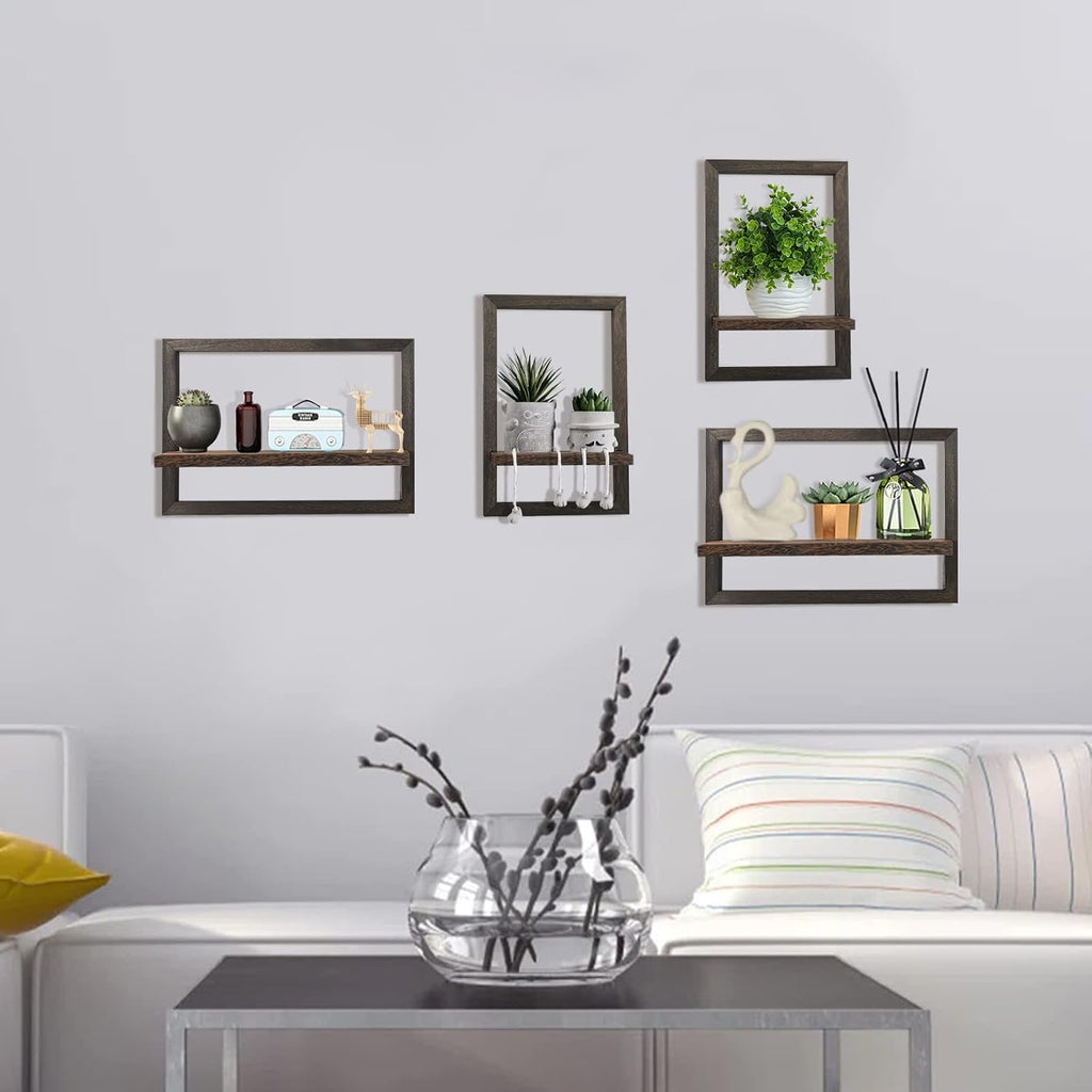 Floating Shelves for Wall Set of 4 Decorative Hanging Shelf | Square Wood Floating Shelf for Plant, Square Shelves
