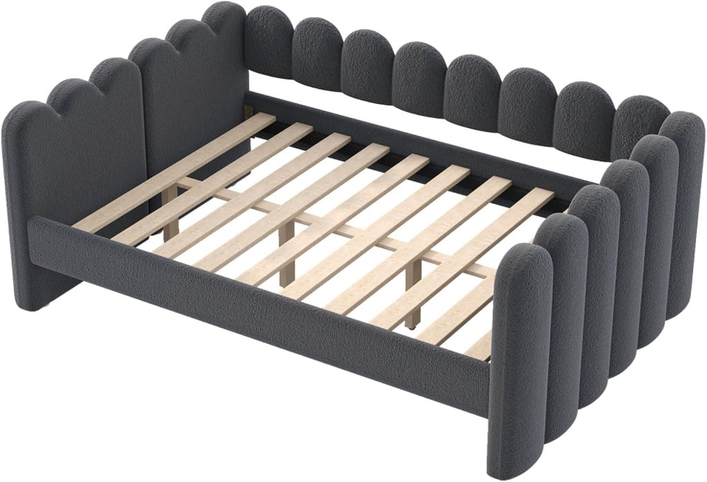 Queen Size Upholstered Daybed with Backrest and Armrests, Gray | Day Bed with Slat, Lambswool Fabric, Easy Assembly