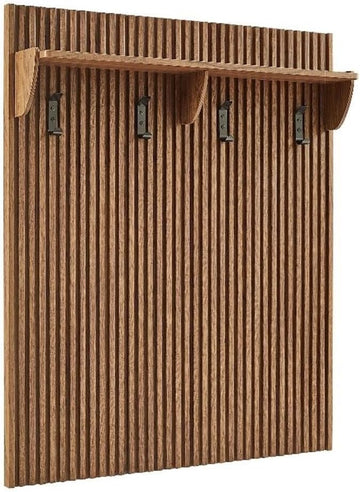 Contemporary Wall-Mounted Fluted Coat Rack Panel, Walnut Finish, 4 Hooks with Shelf, Durable Wood Grain Laminate