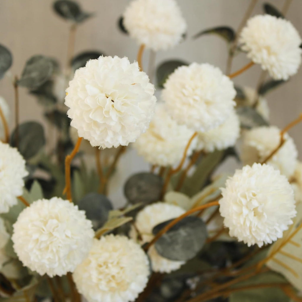 White Faux Kiku Flowers for Vase(NOT Included) - 10 Long Stem Artificial Flowers with Eucalyptus, Realistic Floral