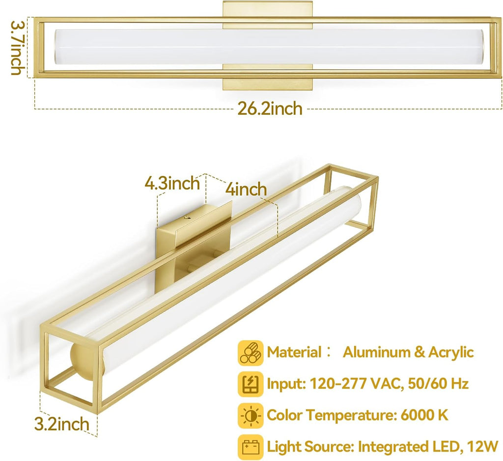 6000K Dimmable Bathroom Vanity Light, 26.2in Brushed Gold Bathroom Light Fixtures, 12W LED Bathroom Lights Over