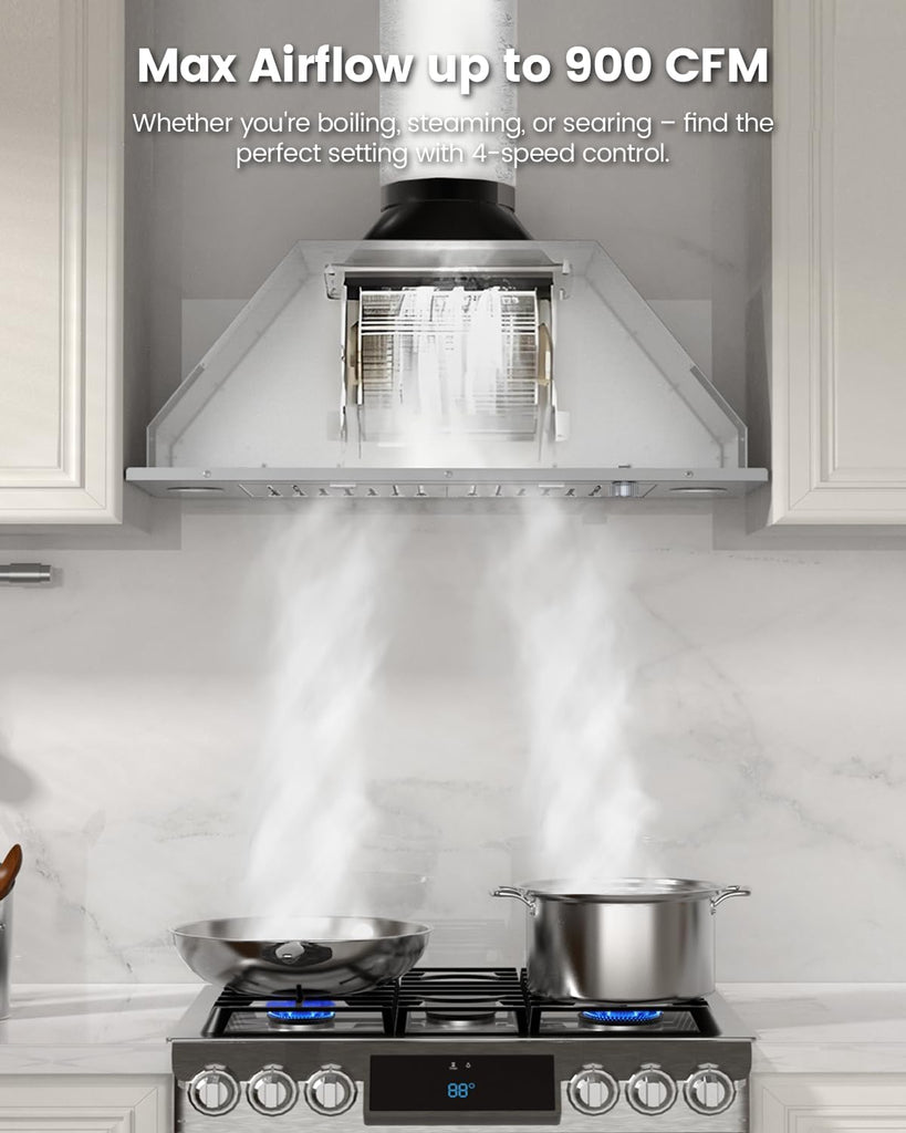 30 Inch Stainless Steel Range Hood Insert 900 CFM 4 Speed Knob Control Convertible Ducted/Ductless