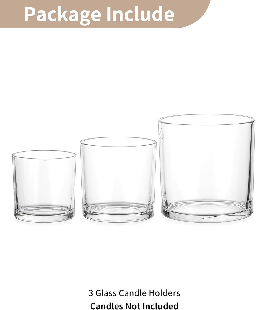 Thick Glass Hurricane Pillar Candle Holders, Set of 3 | Heavy Clear Walls, Wide Low-Profile Cylinders for Easy Use, 3