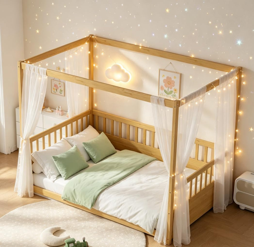 Full Canopy BedFrame, Wood Montessori House Floor Bed, Canopy Platform Bed for Kids, Natural