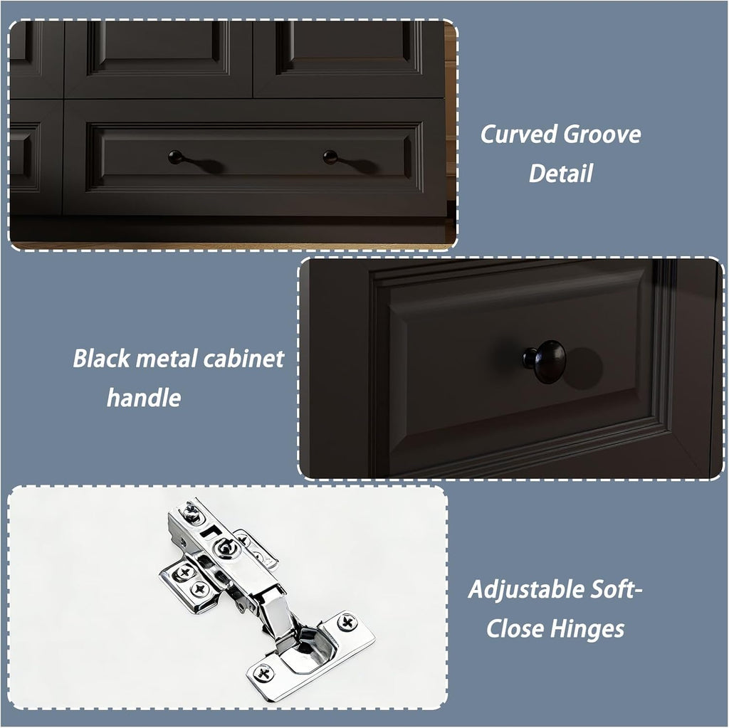 Armoire Wardrobe Closet with Drawers: 74" Black Tall Wardrobe Cabinet with Hanging Rod, Wooden Closet with 4 Doors