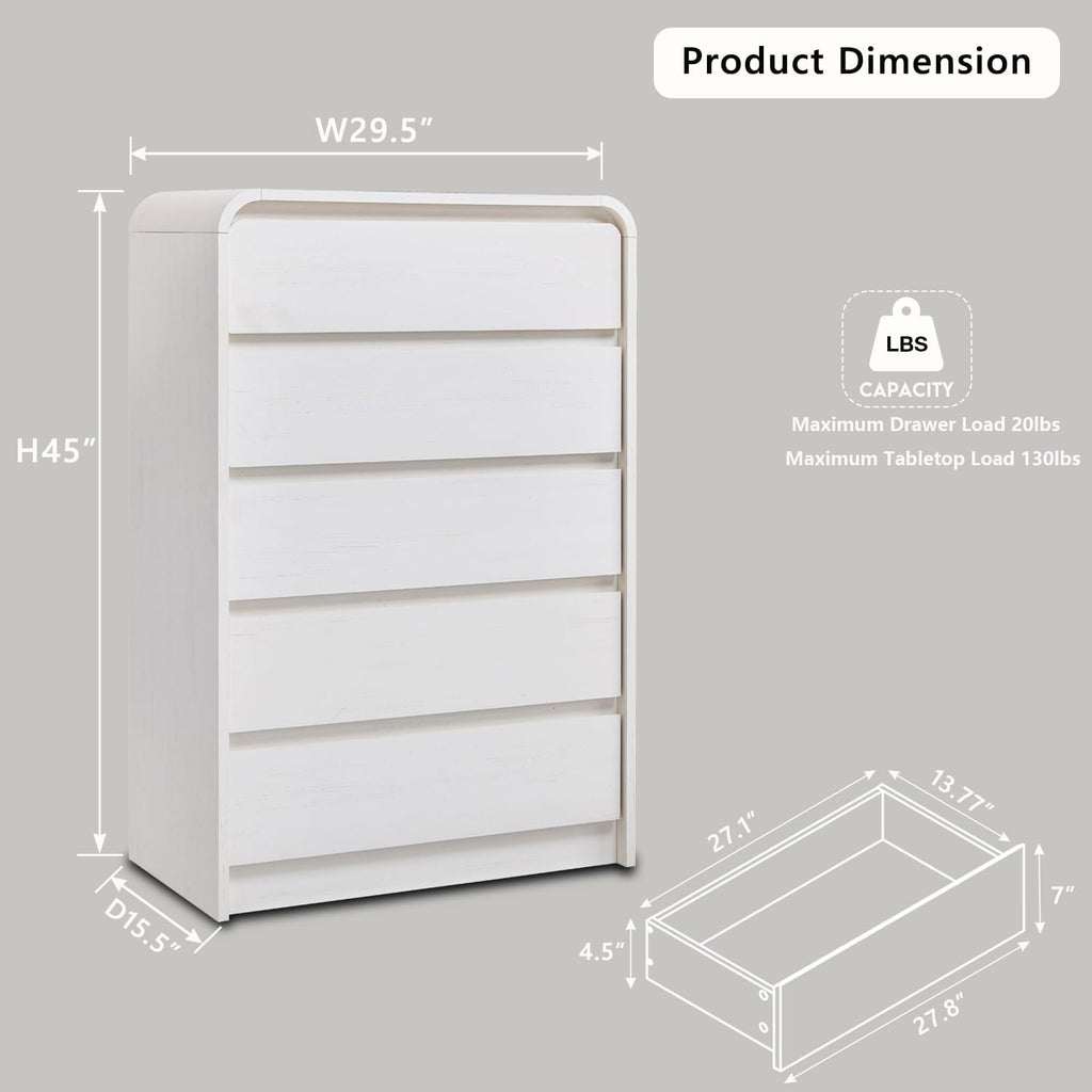 Modern 5 Drawers Dresser , 45" Tall Dressers & Chests of Drawers w/Curved Profile Design, Wood Mid Century Vertical