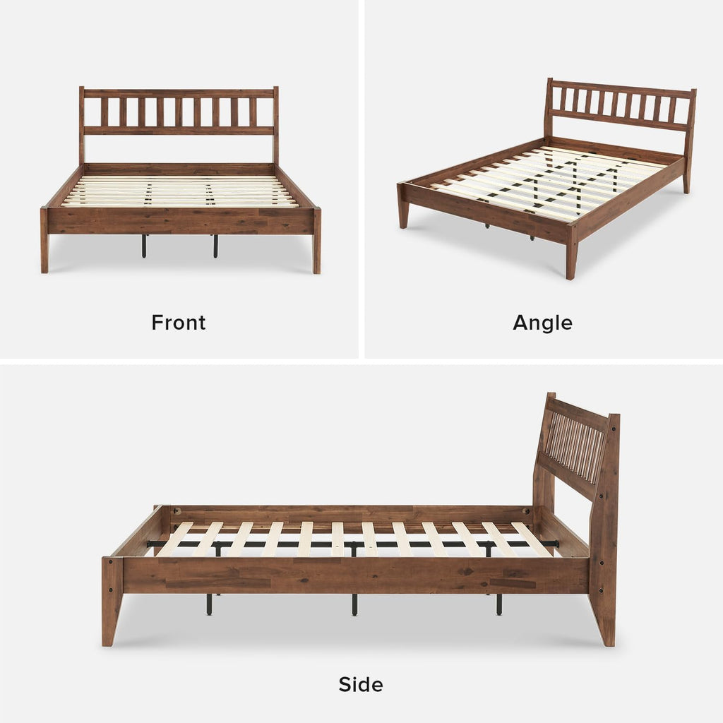 Ted Bed Frame with Headboard, Mid Century Modern Acacia Solid Wood Platform Bed Frame, Wooden Slats, No Box Spring
