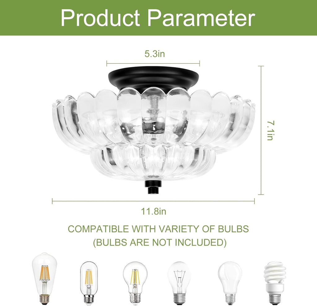 11.8-Inch Black Semi Flush Mount Ceiling Light, Modern 3-Light Clear Glass Chandelier Light Fixture Kitchen Bathroom