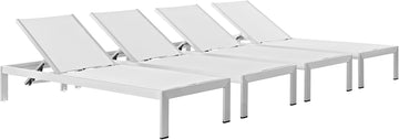 Shore Aluminum Textilene Mesh Outdoor Patio Four Poolside Chaise Lounge Chairs in Silver White