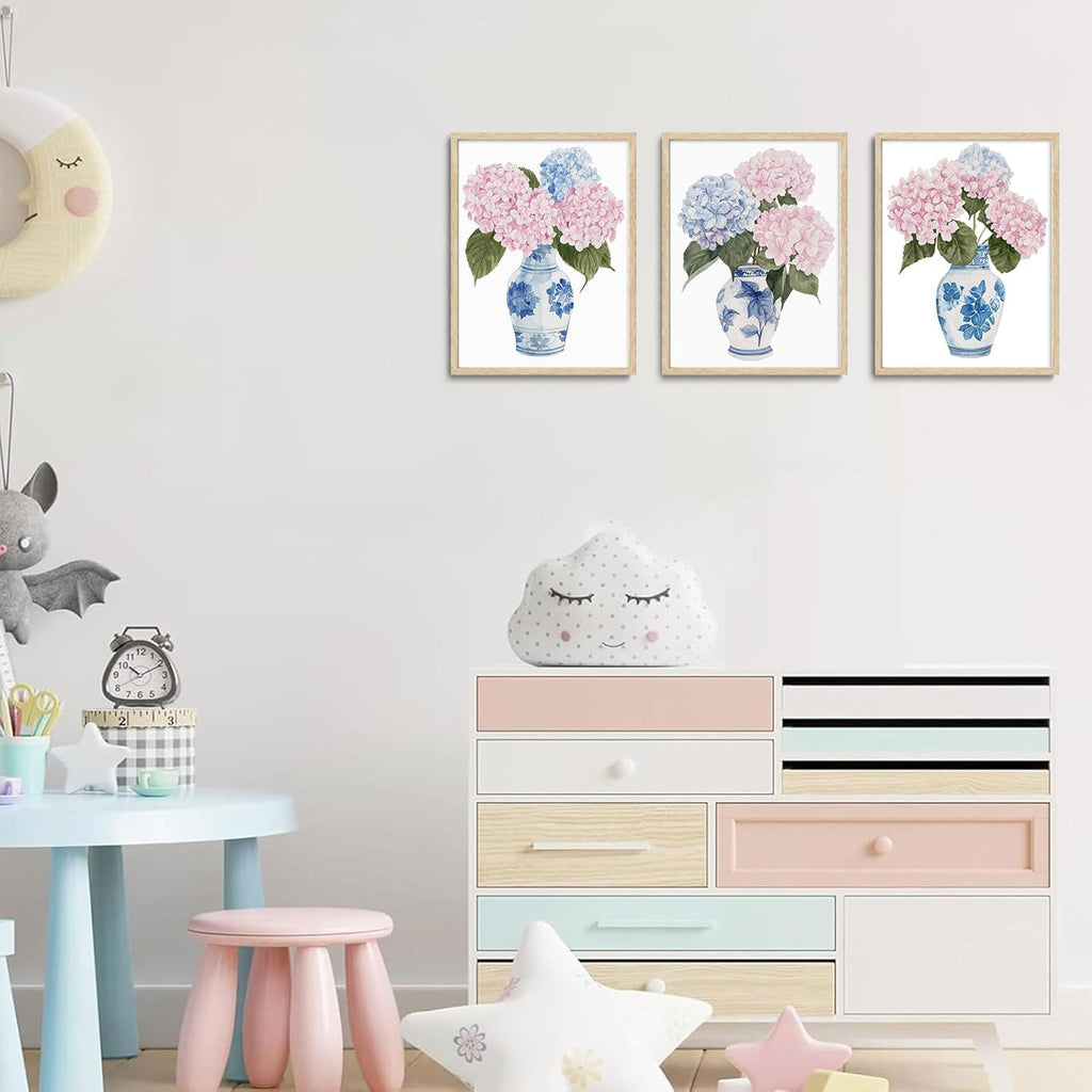 OAK Wood Framed Wall Art Pink And Blue Floral Canvas Wall Art Chinoiserie Flower Pictures Wall Decor Set of 3