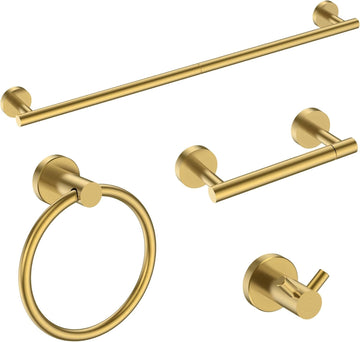 Bathroom Accessories, 4-Piece Bathroom Hardware Set - 18" Towel Bar | Brushed Gold | Towel Hooks, Towel Racks