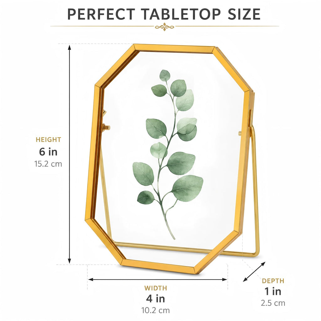 Gold Geometric Floating Glass Frame 4x6, Tabletop Photo & Pressed Flower