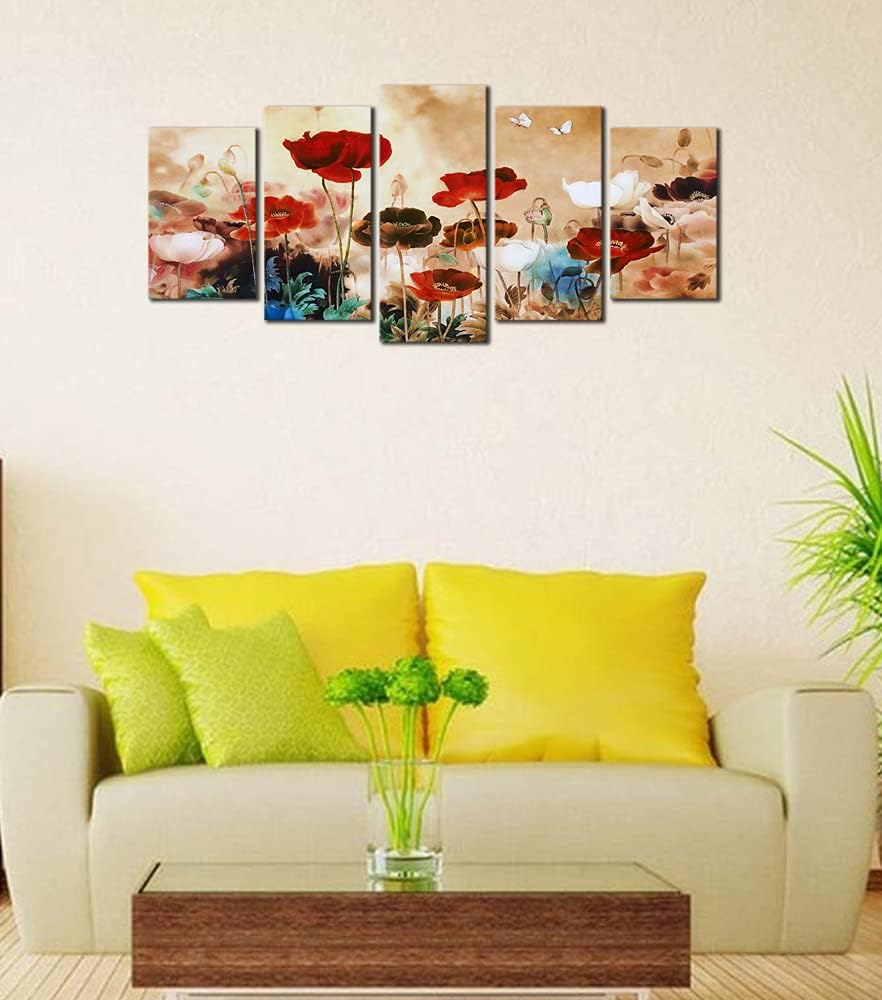 Blooming Poppies 5 Piece Canvas Prints Wall Art Colorful Floral Pictures Paintings Home Decorations Modern Stretched