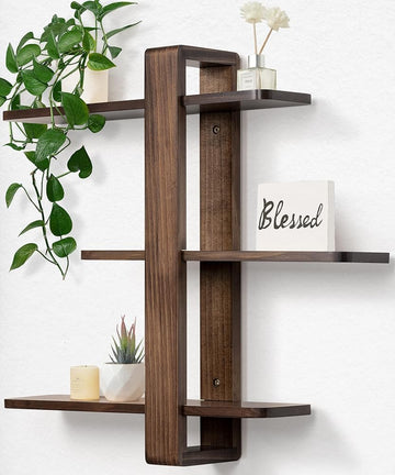 Floating Shelves for Wall Walnut Shelf Unit Mid Century Modern Decor | 3 Tier 20in Adjustable Shelving, Decorative