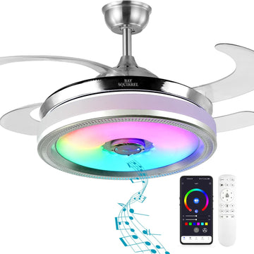 Retractable Bluetooth Ceiling Fan with Light and Speaker, Flush Mount Ceiling Fans