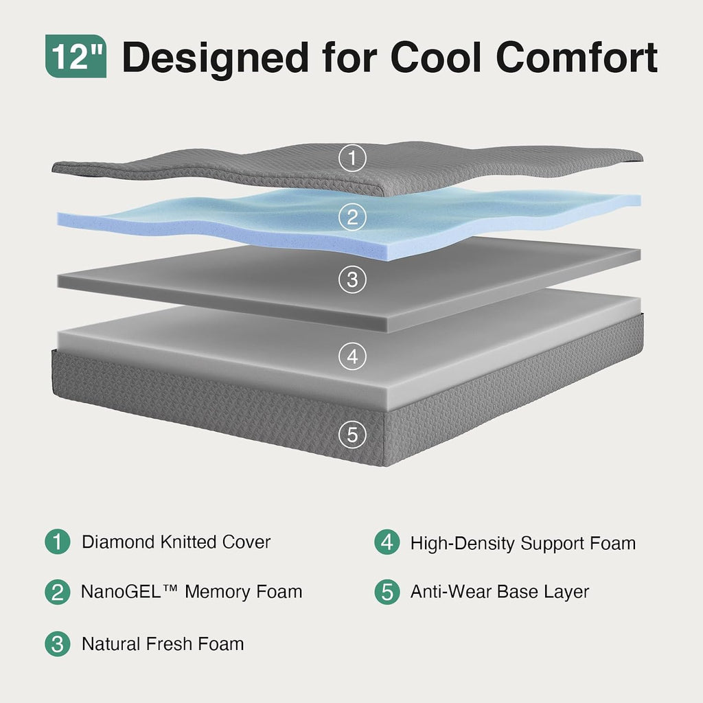 Queen Mattress 12 Inch, Queen Memory Foam Mattress for Cool Night
