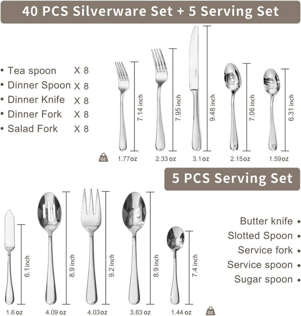 45 Pieces Silverware Set for 8, Premium Stainless Steel Flatware Set with Serving Utensils