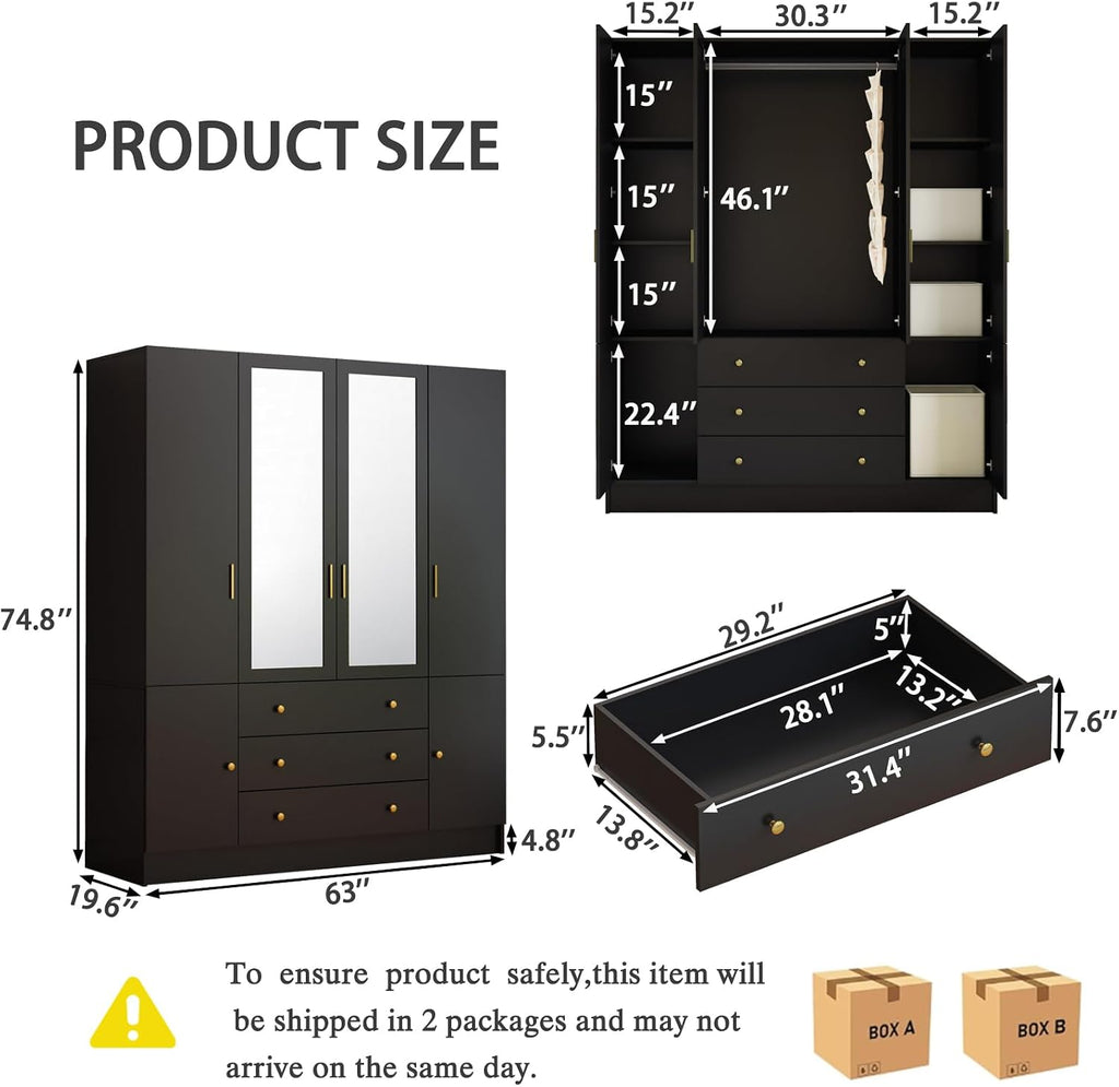 4 Doors LED Armoire Wardrobe Closet with Mirror, 75" Tall Modern Wooden Wardrobe Closet with 3 Drawers, Freestanding