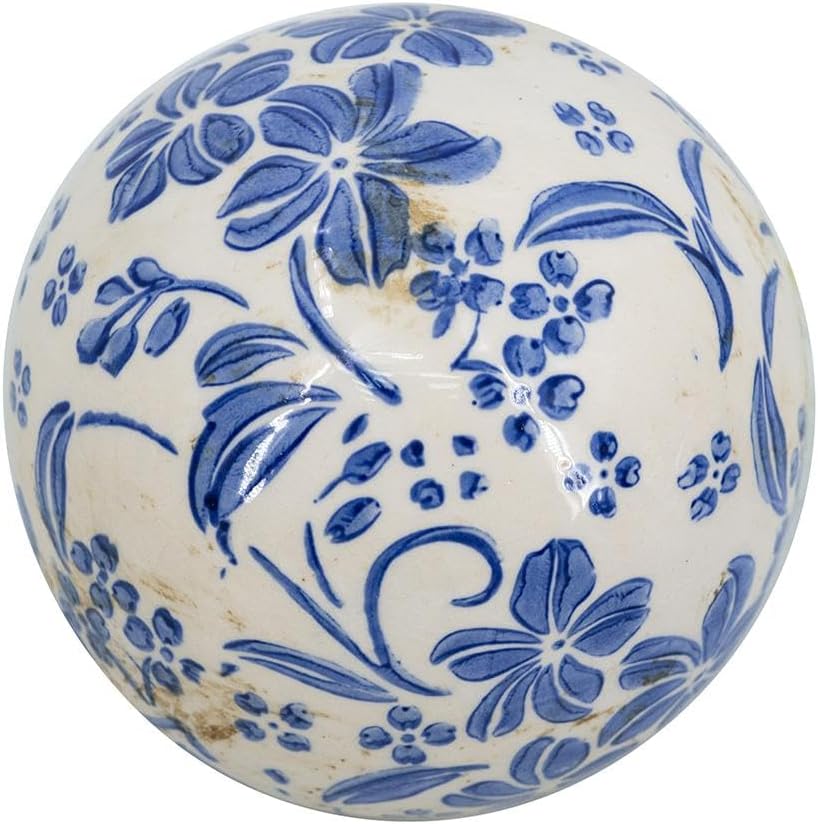 Set of 4 Ceramic Decorative Spheres - Handcrafted Blue and White Floral Orbs Decor, Tabletop Accent, Shelf Display