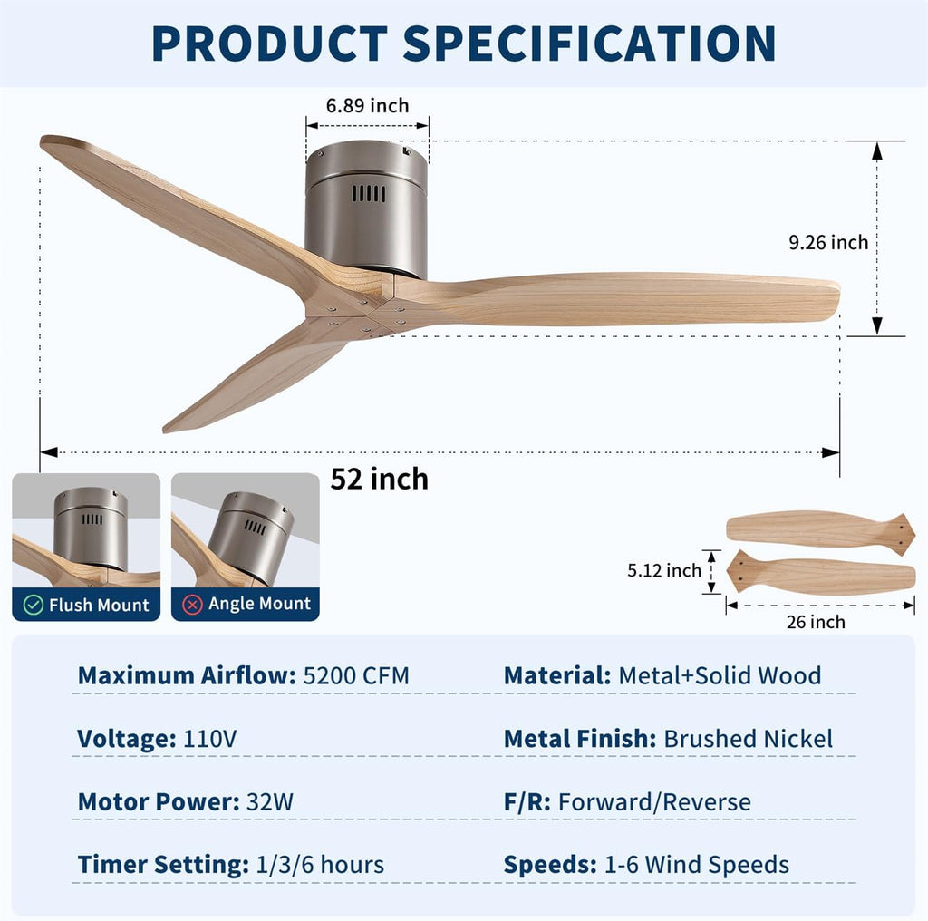 52" American Farmhouse Rustic Elegance Classical Solid Wood Low Profile Flush Mount Ceiling Fan without Light