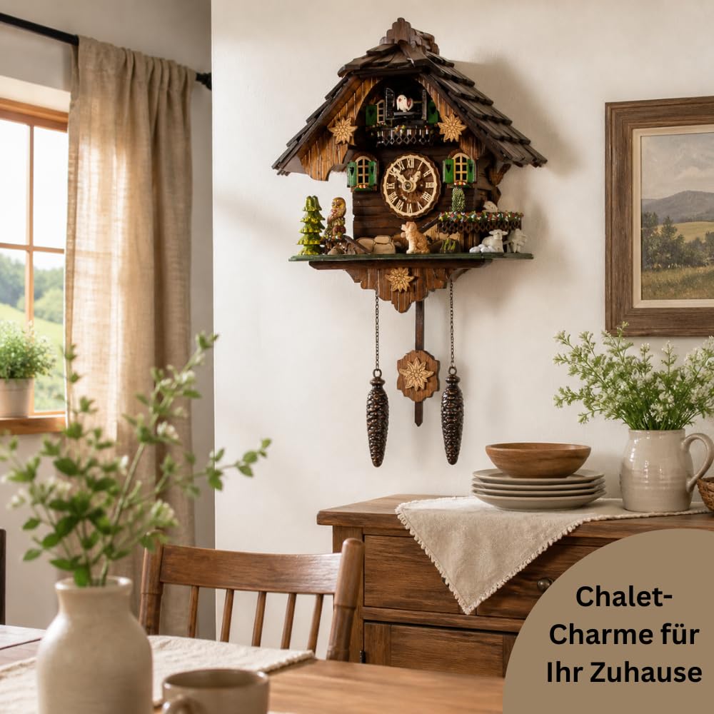 Saint Bernard Chalet Cuckoo Clock - 32 cm Quartz Clock, Traditional Black Forest House Design, Brown