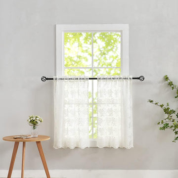 Vintage Lace Curtains 84 Inches Long-Victorian Floral Pattern Ivory Sheer Curtain Panels Bedroom French Door, Light