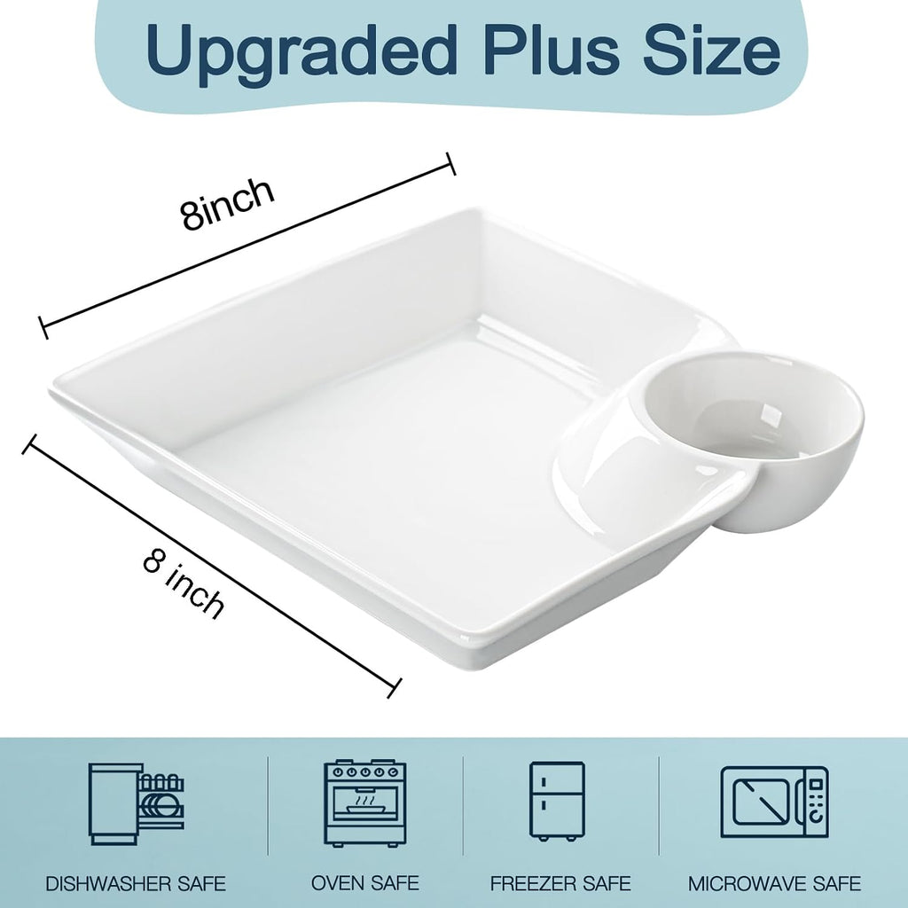 Chip and Dip Serving Platter Set of 4-8 Inch Ceramic Divided Plates with Sauce Compartment, Food-Safe Snack Plate for