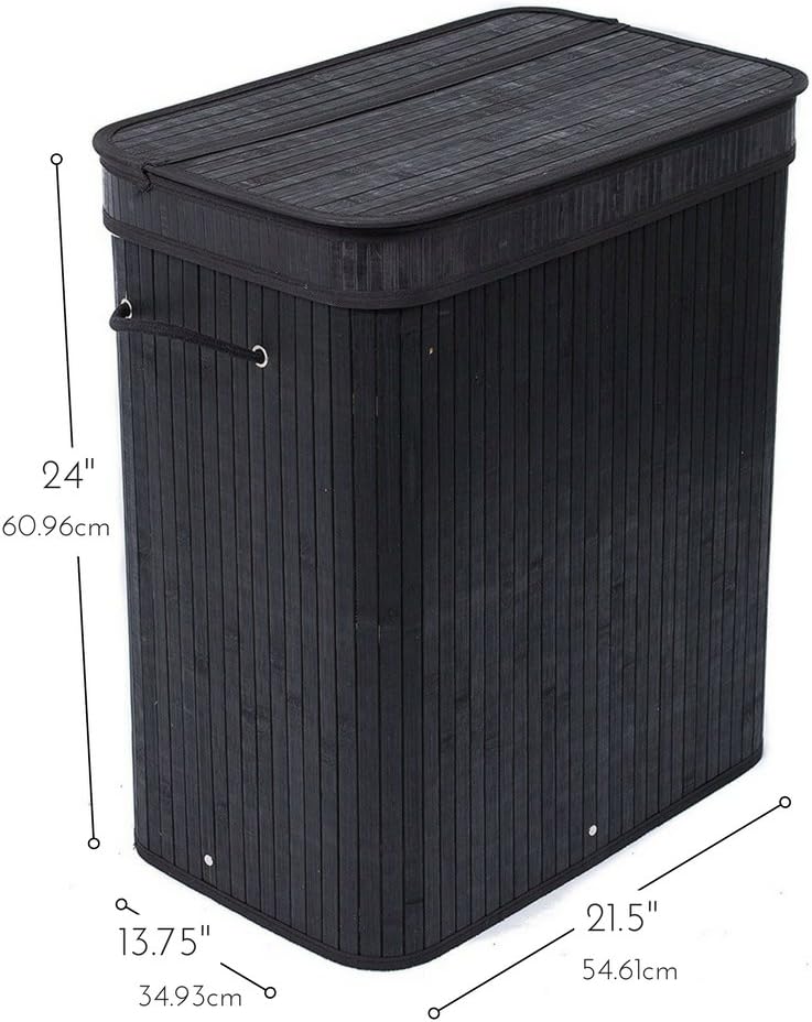 Double Laundry Hamper with Lid and Cloth Liner - Bamboo - Black - Easily Transport Laundry Basket - 2 Section