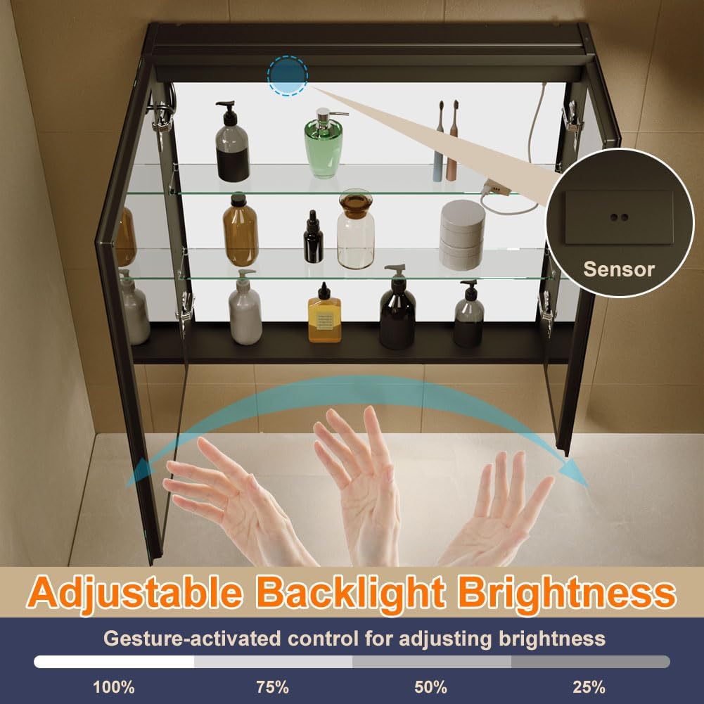 KWW 30x28 Inch Aluminum LED Bathroom Mirror Cabinet with Backlit Panel