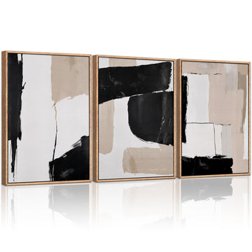 Large Framed Neutral Abstract Canvas Wall Art, Black and White Abstract Wall Decor Set of 3(16"X24")Modern Minimalist
