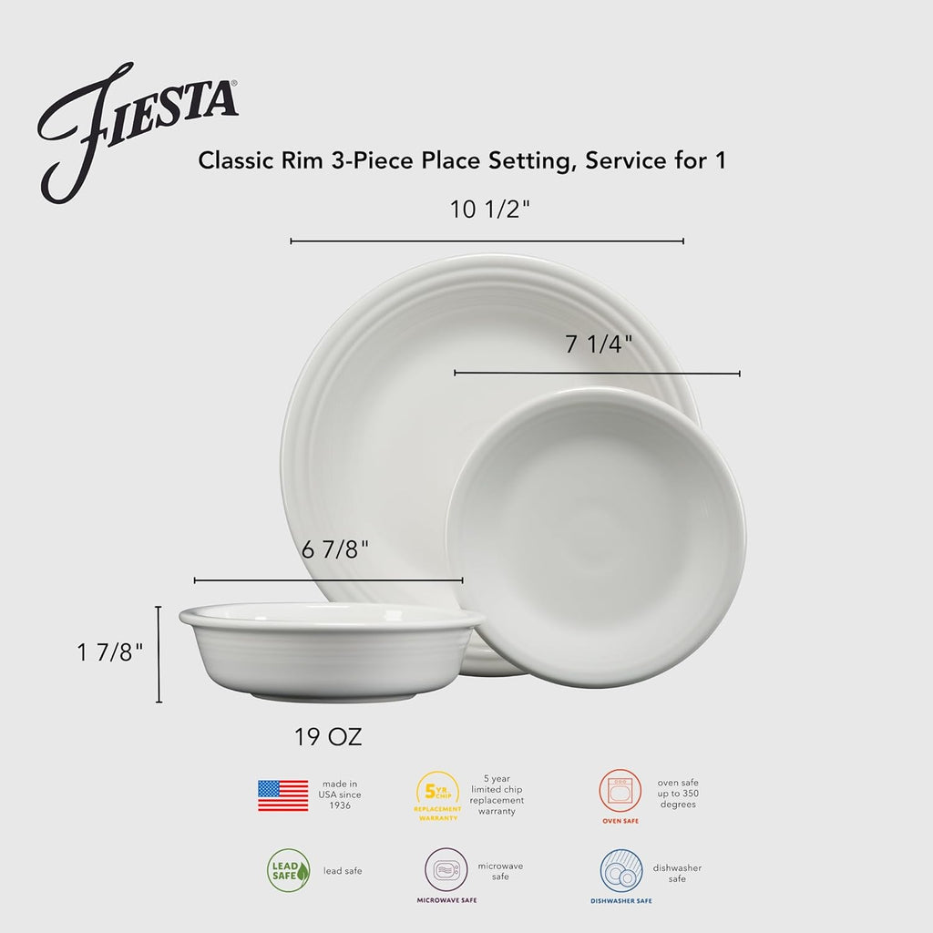 Classic Rim 3-Piece Dinnerware Set - Durable Ceramic, Lead-Safe, Dishwasher/Microwave/Oven Safe