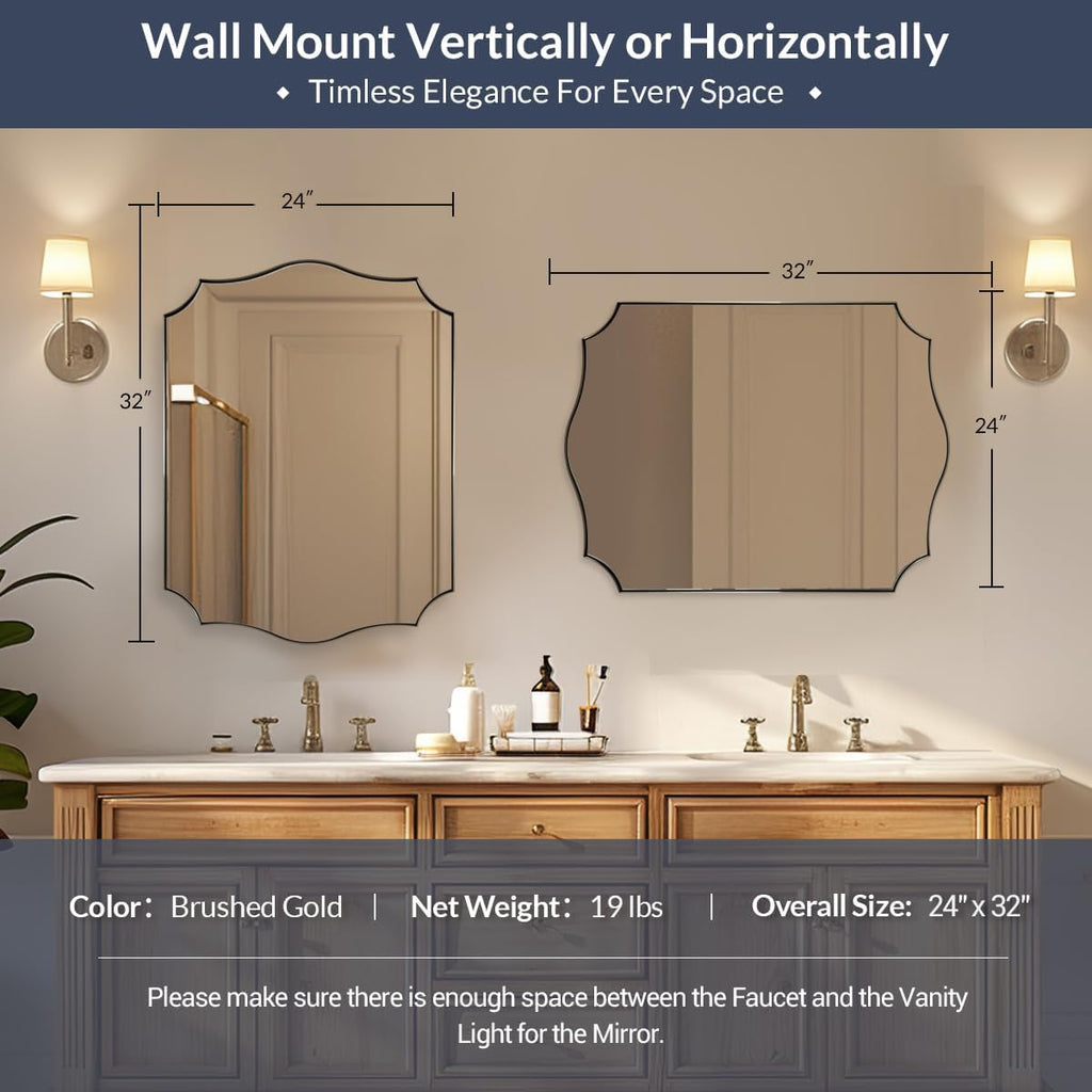 24x32'' Brushed Nickel Scalloped Bathroom Vanity Mirrors for Over Sinks, Vintage Wavy Edges Silver Bathroom