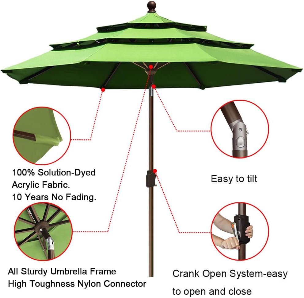 USA 10-Year-Non-Fading 9ft 3-Tier Market Patio Umbrella, Commercial Grade Outdoor Table Umbrella with Crank Open - Macaw