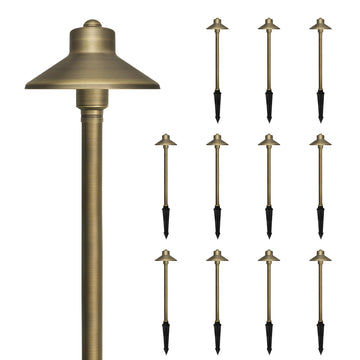Solid Brass Landscape Path Lights (5" Shade, 20" Tall), Low Voltage LED 3W China Hat Path Lighting, Outdoor