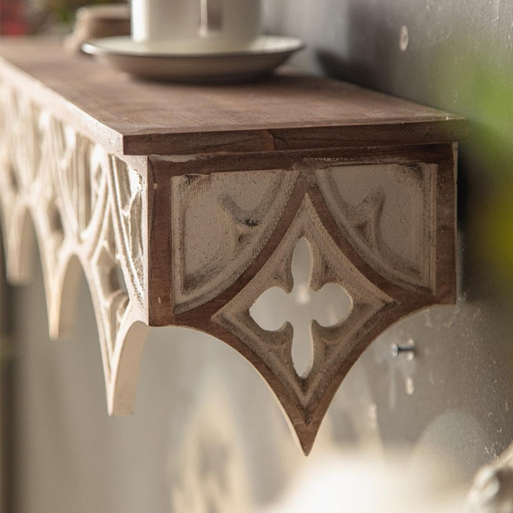 Retro Wall Shelf with Hollow Carving Patterns, Wood Floating Shelf Decorative Wall Mounted Shelf Vintage Hanging