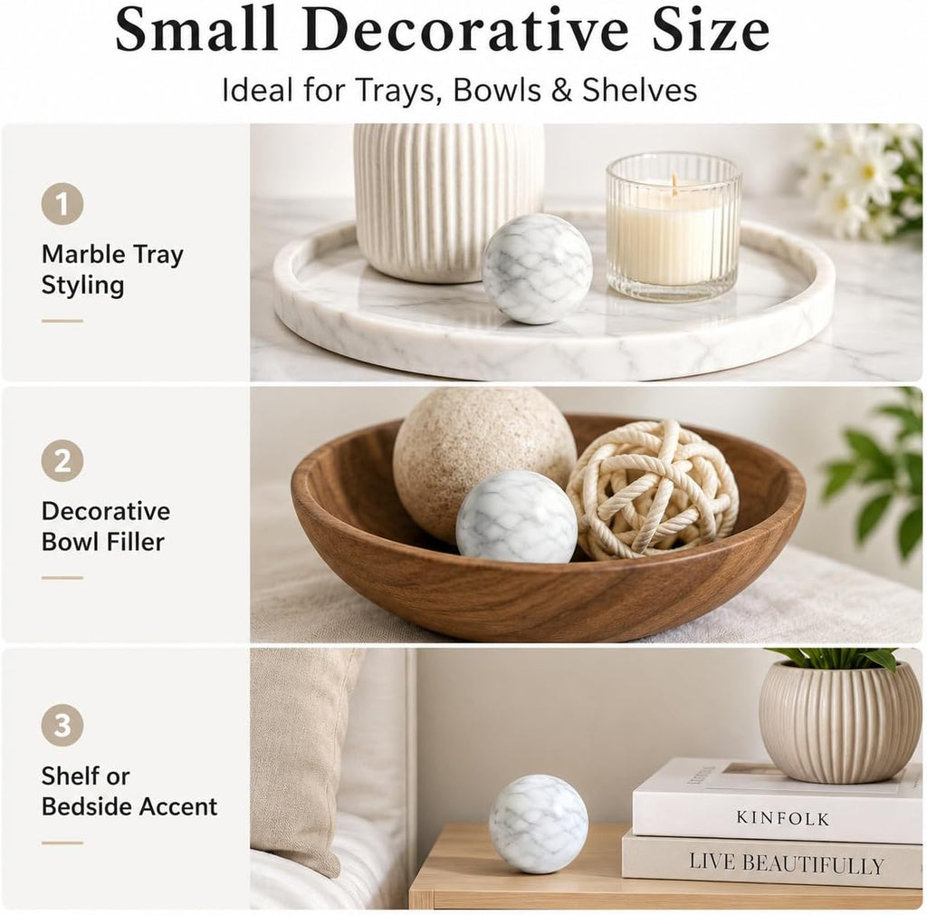 White Marble Decorative Sphere, 6cm Natural Stone Orb | 2.36 in Small Stone Bowl Filler Balls for Tray Styling, Shelf
